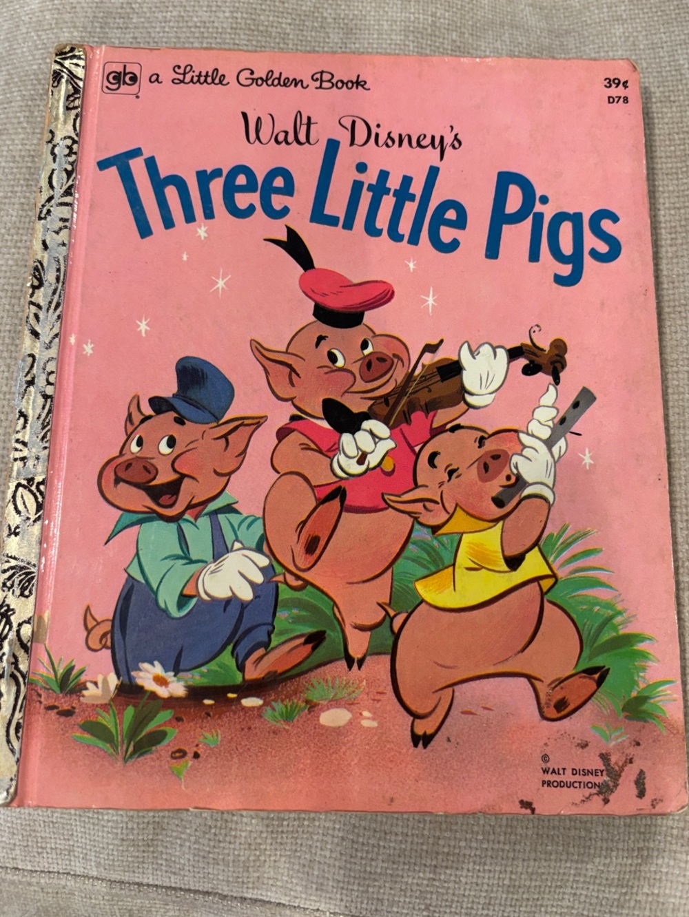 Vintage Book: Walt Disney Three Little Pigs Little Golden Book - Pink Cover